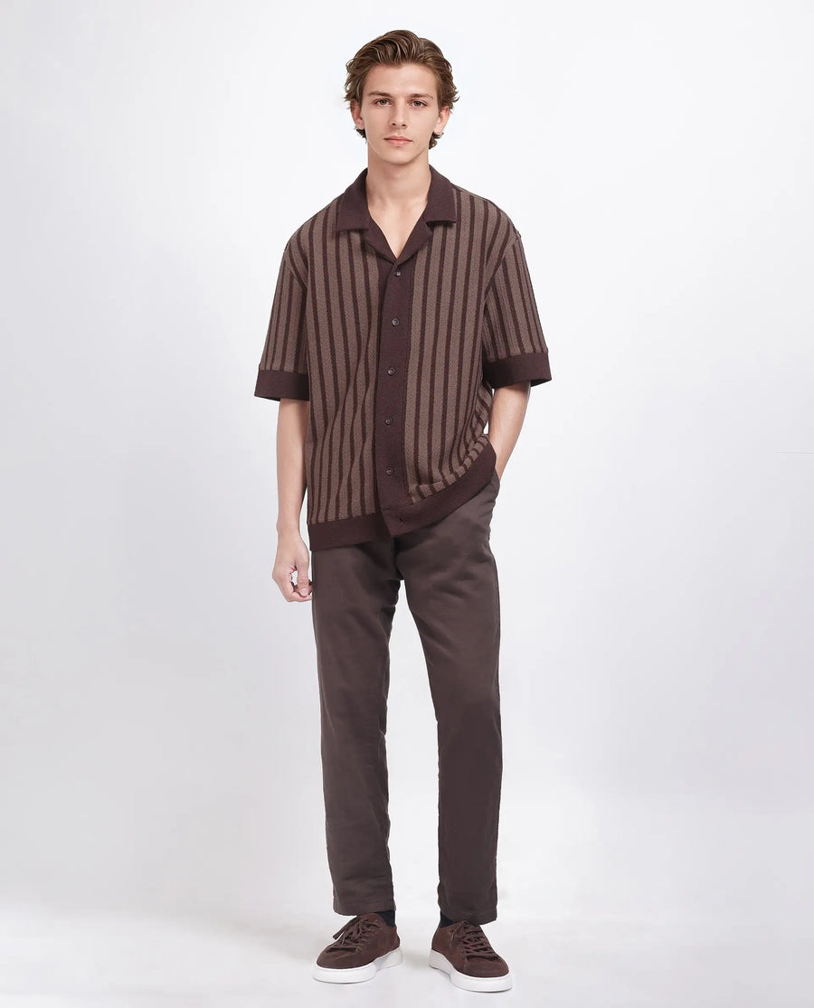 Rare Rabbit Men's Juno Dark Brown Cotton Striped Print Boxy Fit Half Sleeve Cuban Collar Shirt