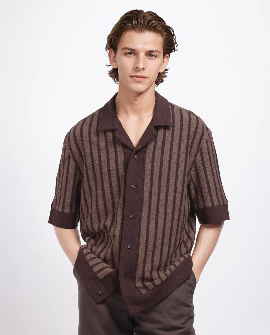 Rare Rabbit Men's Juno Dark Brown Cotton Striped Print Boxy Fit Half Sleeve Cuban Collar Shirt