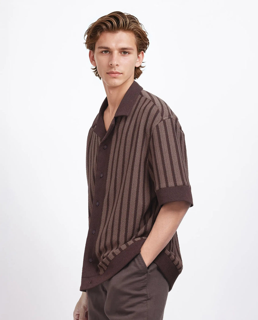 Rare Rabbit Men's Juno Dark Brown Cotton Striped Print Boxy Fit Half Sleeve Cuban Collar Shirt