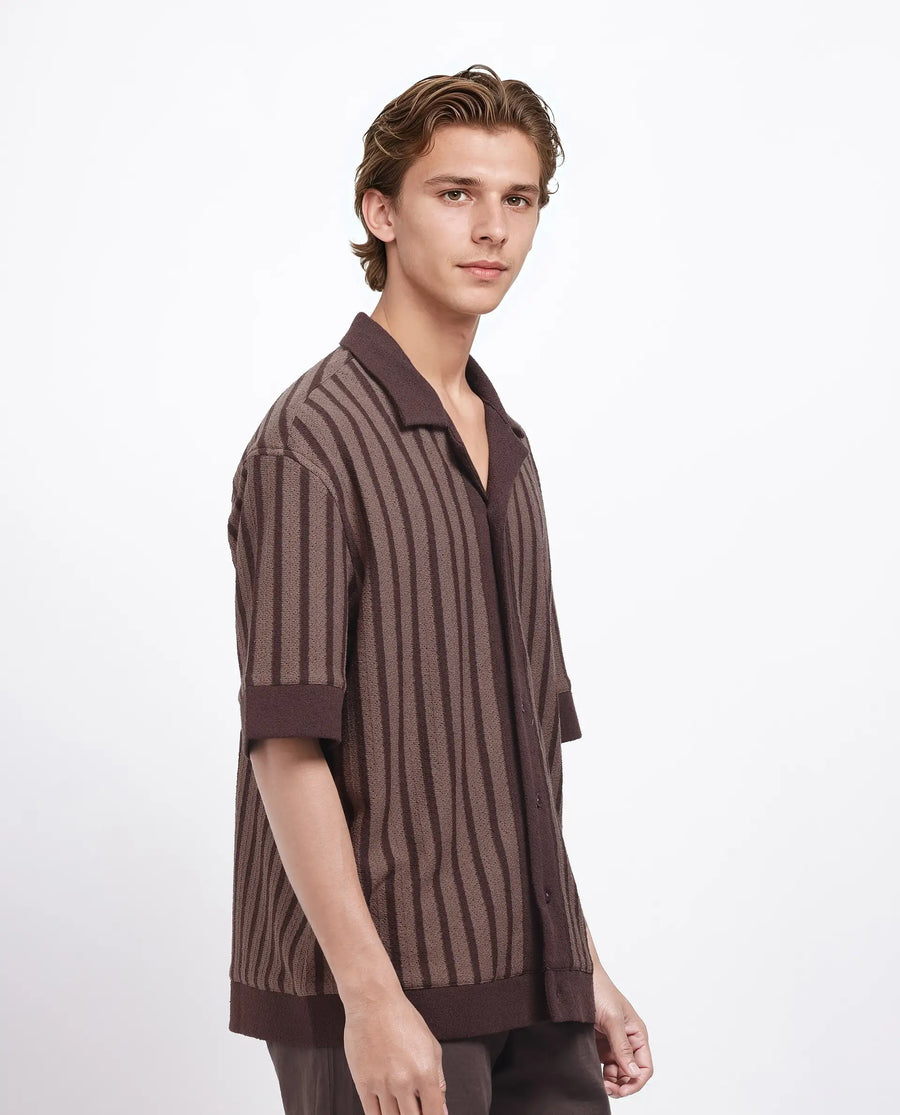Rare Rabbit Men's Juno Dark Brown Cotton Striped Print Boxy Fit Half Sleeve Cuban Collar Shirt