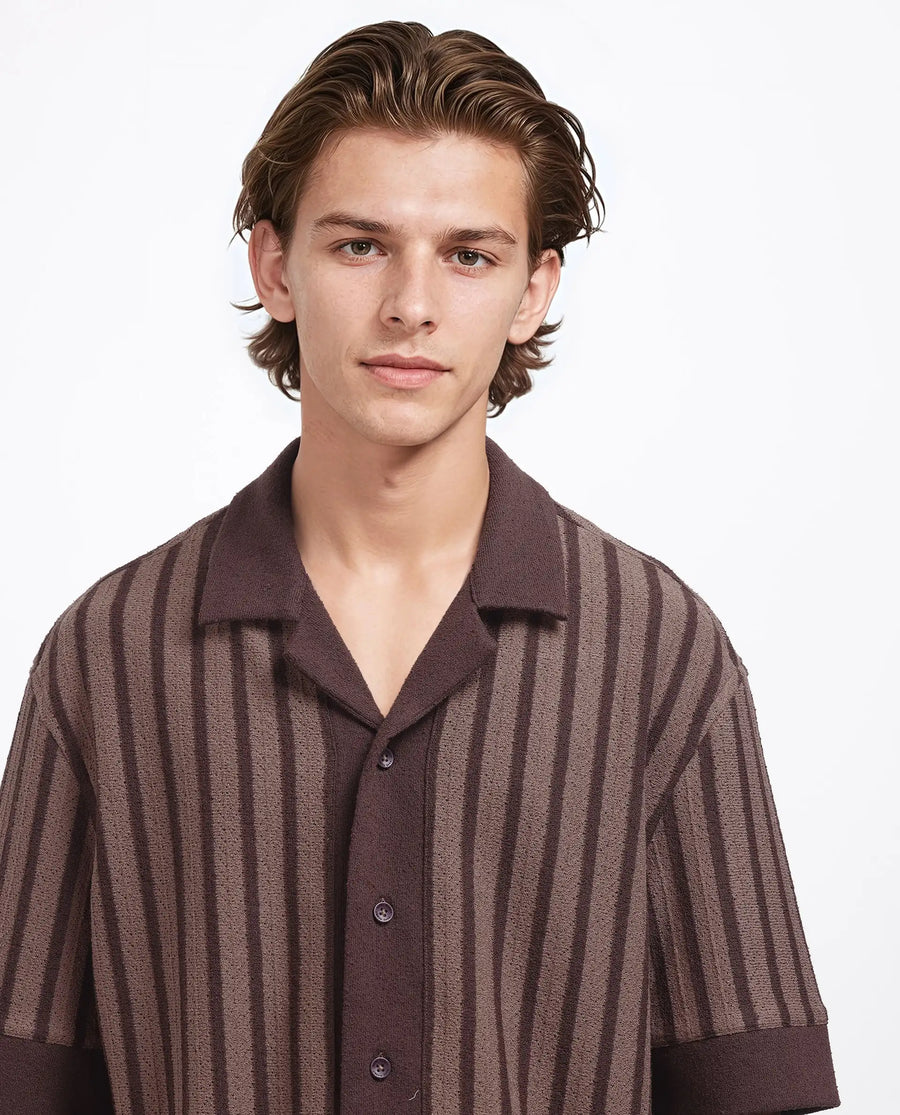 Rare Rabbit Men's Juno Dark Brown Cotton Striped Print Boxy Fit Half Sleeve Cuban Collar Shirt