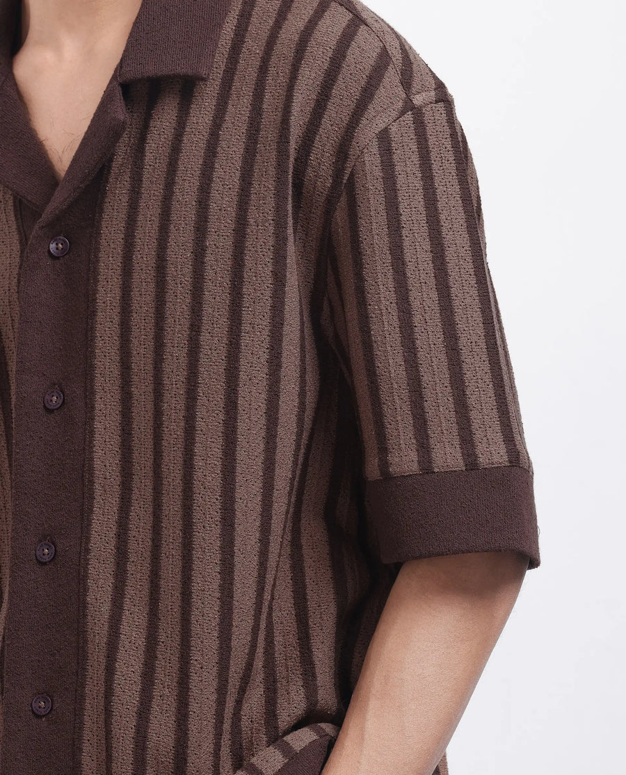 Rare Rabbit Men's Juno Dark Brown Cotton Striped Print Boxy Fit Half Sleeve Cuban Collar Shirt