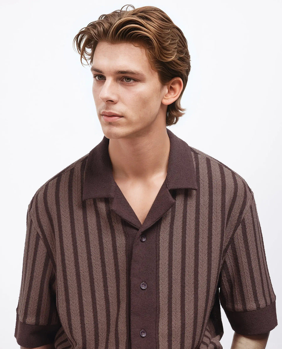 Rare Rabbit Men's Juno Dark Brown Cotton Striped Print Boxy Fit Half Sleeve Cuban Collar Shirt