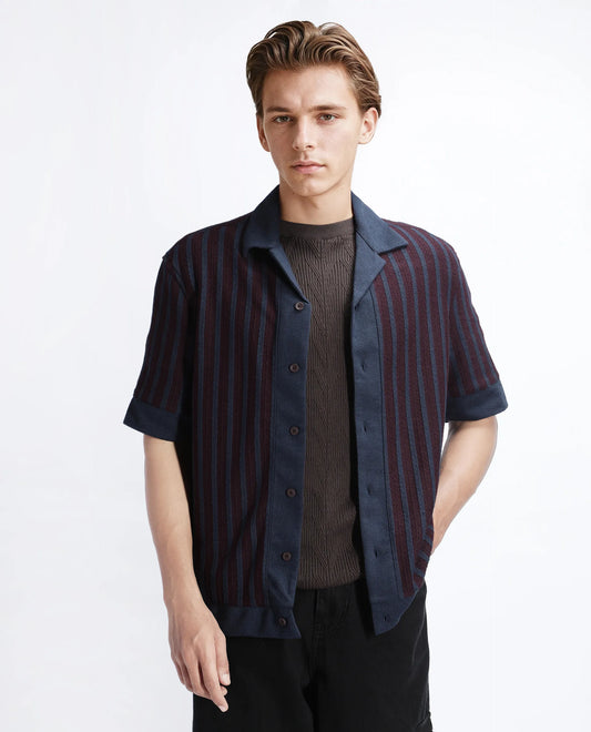 Rare Rabbit Men's Juno Dark Maroon Cotton Textured Boxy Fit Half Sleeve Cuban Collar Shirt