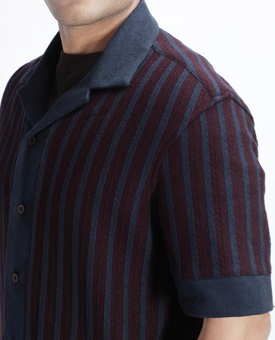 Rare Rabbit Men's Juno Dark Maroon Cotton Textured Boxy Fit Half Sleeve Cuban Collar Shirt