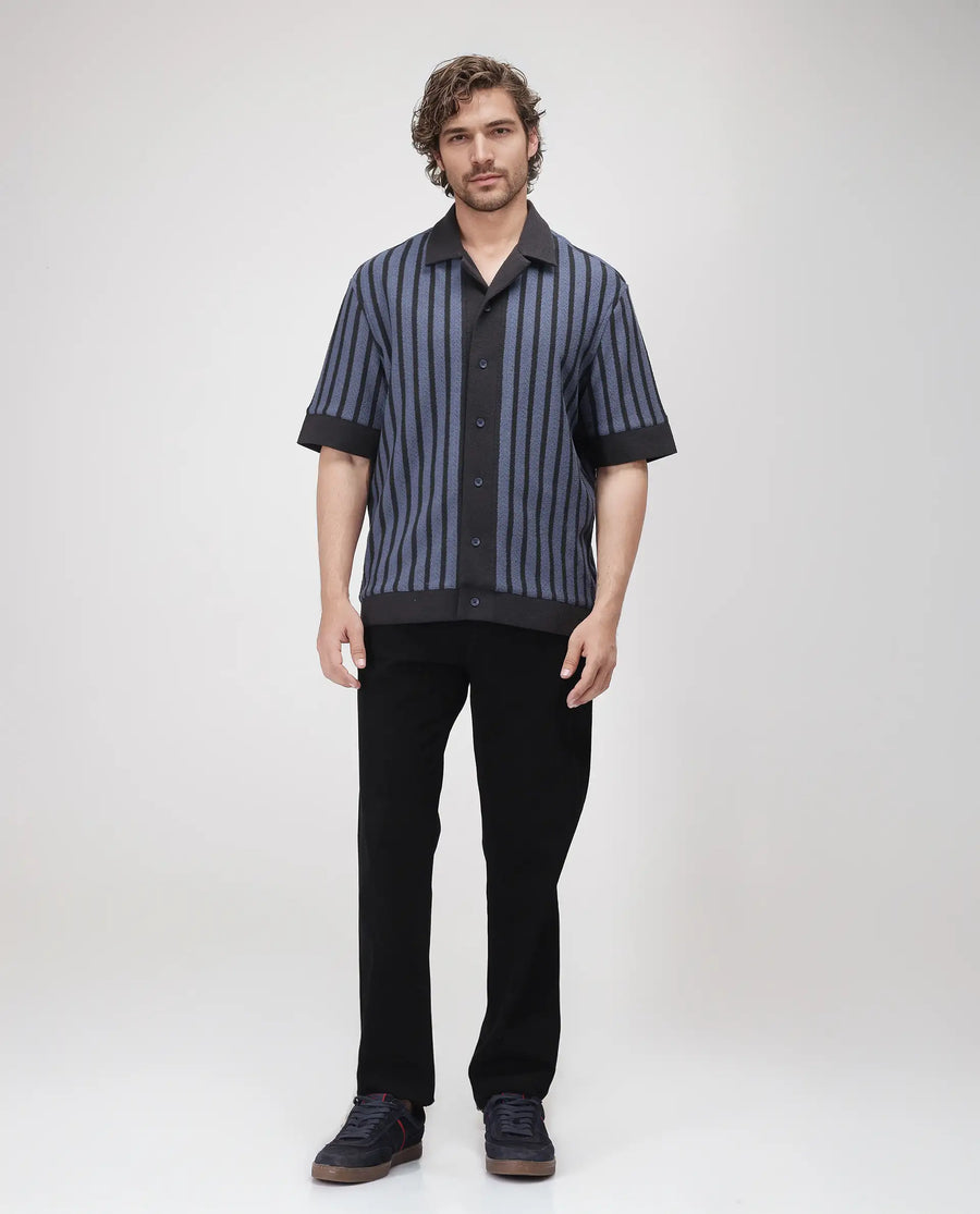 Rare Rabbit Men's Juno Dusky Blue Cotton Striped Print Boxy Fit Half Sleeve Cuban Collar Shirt
