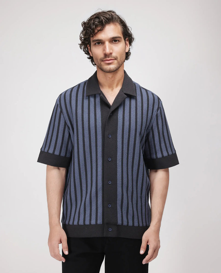 Rare Rabbit Men's Juno Dusky Blue Cotton Striped Print Boxy Fit Half Sleeve Cuban Collar Shirt