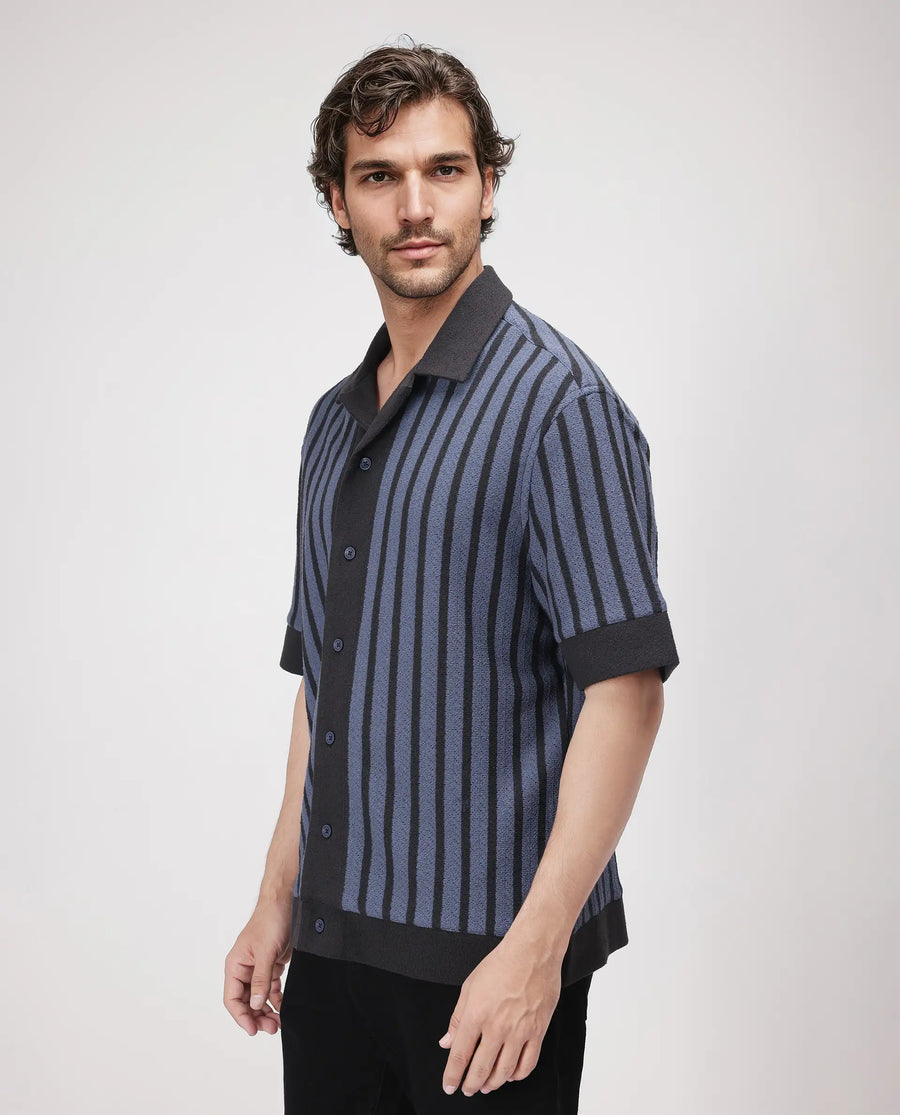 Rare Rabbit Men's Juno Dusky Blue Cotton Striped Print Boxy Fit Half Sleeve Cuban Collar Shirt