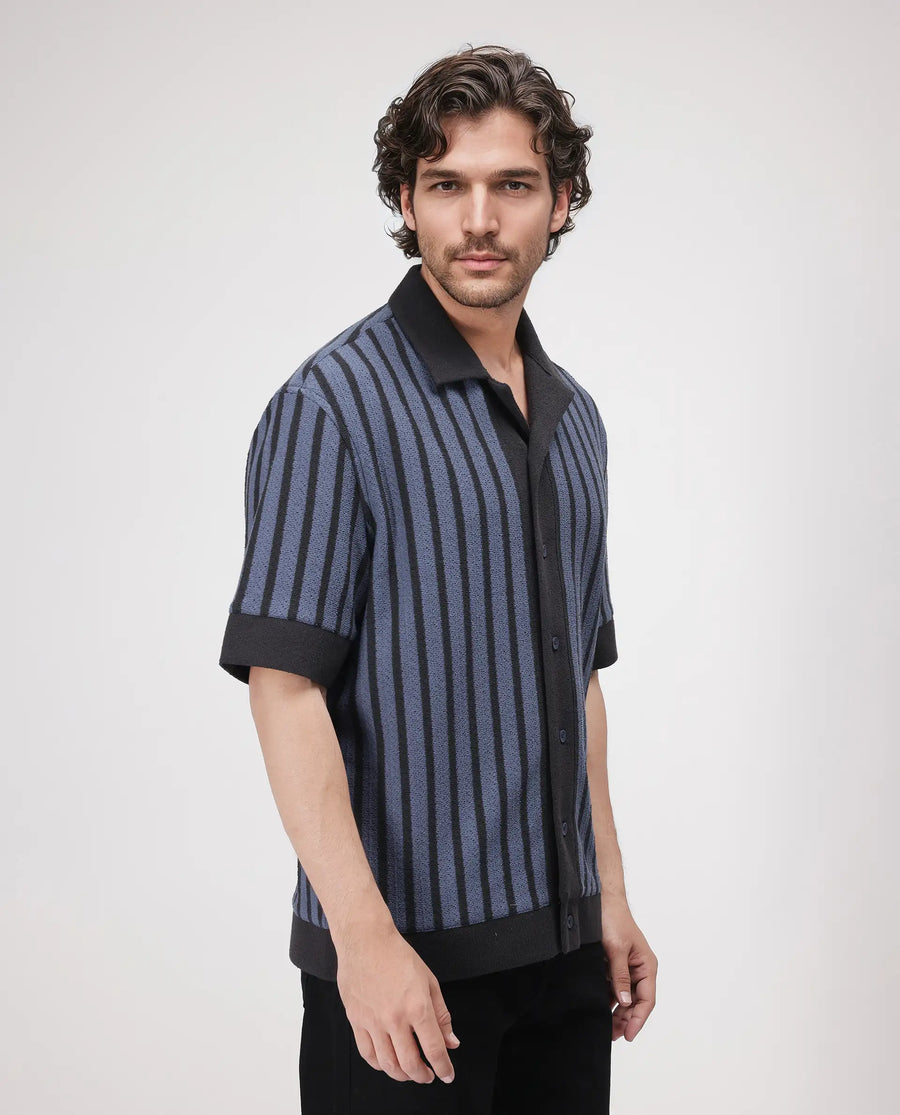 Rare Rabbit Men's Juno Dusky Blue Cotton Striped Print Boxy Fit Half Sleeve Cuban Collar Shirt