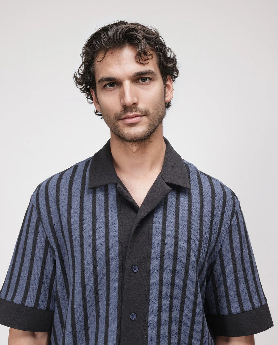 Rare Rabbit Men's Juno Dusky Blue Cotton Striped Print Boxy Fit Half Sleeve Cuban Collar Shirt