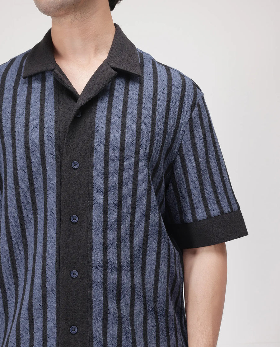 Rare Rabbit Men's Juno Dusky Blue Cotton Striped Print Boxy Fit Half Sleeve Cuban Collar Shirt