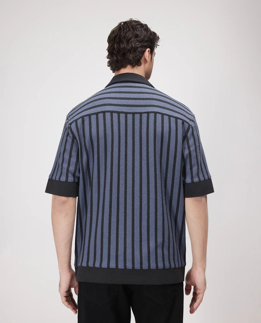 Rare Rabbit Men's Juno Dusky Blue Cotton Striped Print Boxy Fit Half Sleeve Cuban Collar Shirt