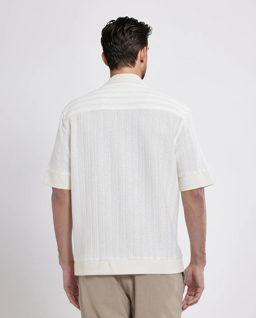 Rare Rabbit Men's Juno Off White Cotton Textured Boxy Fit Half Sleeve Cuban Collar Shirt