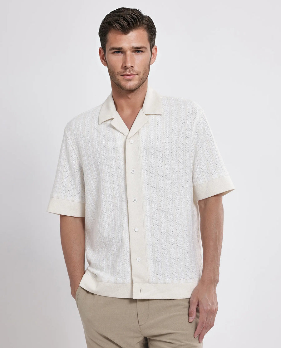 Rare Rabbit Men's Juno Off White Cotton Textured Boxy Fit Half Sleeve Cuban Collar Shirt