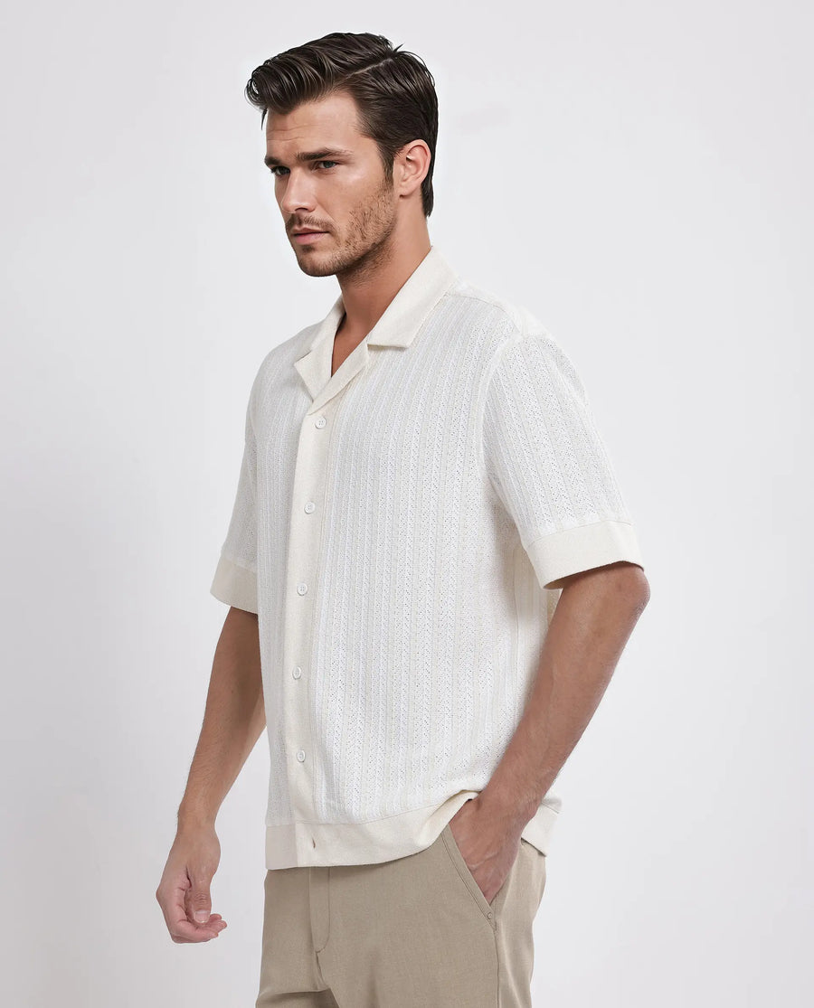 Rare Rabbit Men's Juno Off White Cotton Textured Boxy Fit Half Sleeve Cuban Collar Shirt