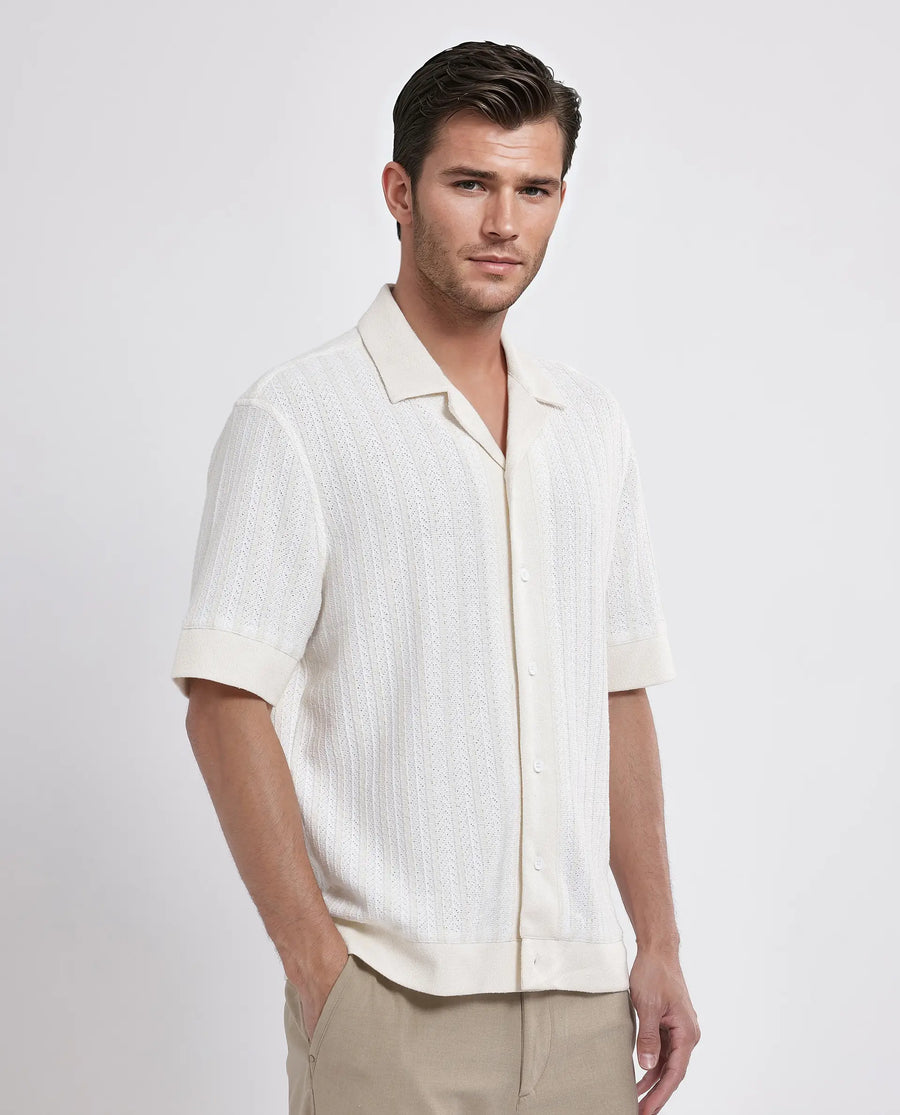 Rare Rabbit Men's Juno Off White Cotton Textured Boxy Fit Half Sleeve Cuban Collar Shirt