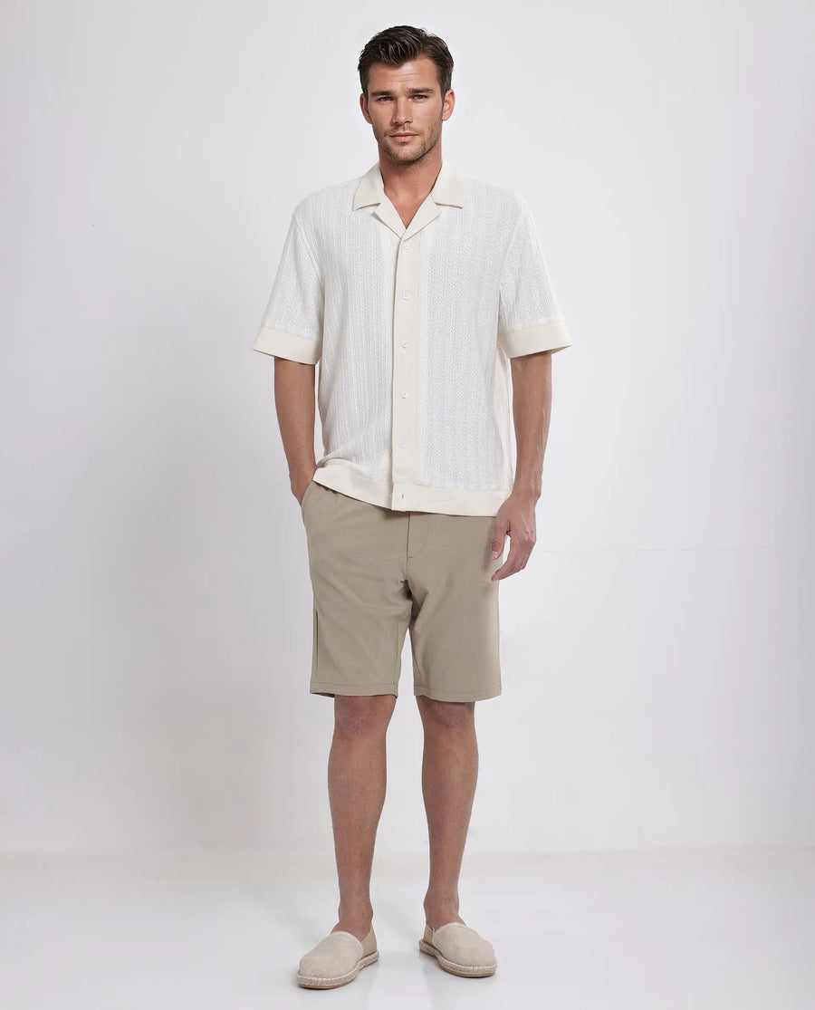 Rare Rabbit Men's Juno Off White Cotton Textured Boxy Fit Half Sleeve Cuban Collar Shirt