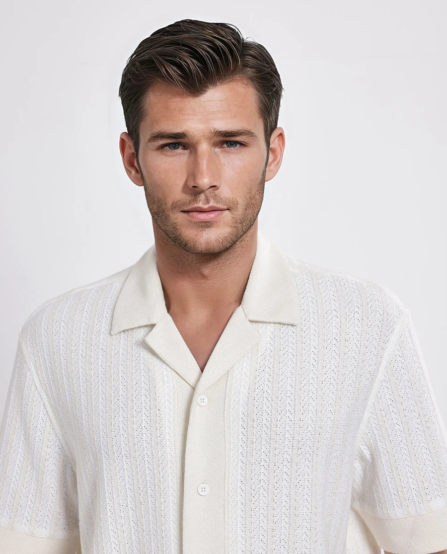 Rare Rabbit Men's Juno Off White Cotton Textured Boxy Fit Half Sleeve Cuban Collar Shirt