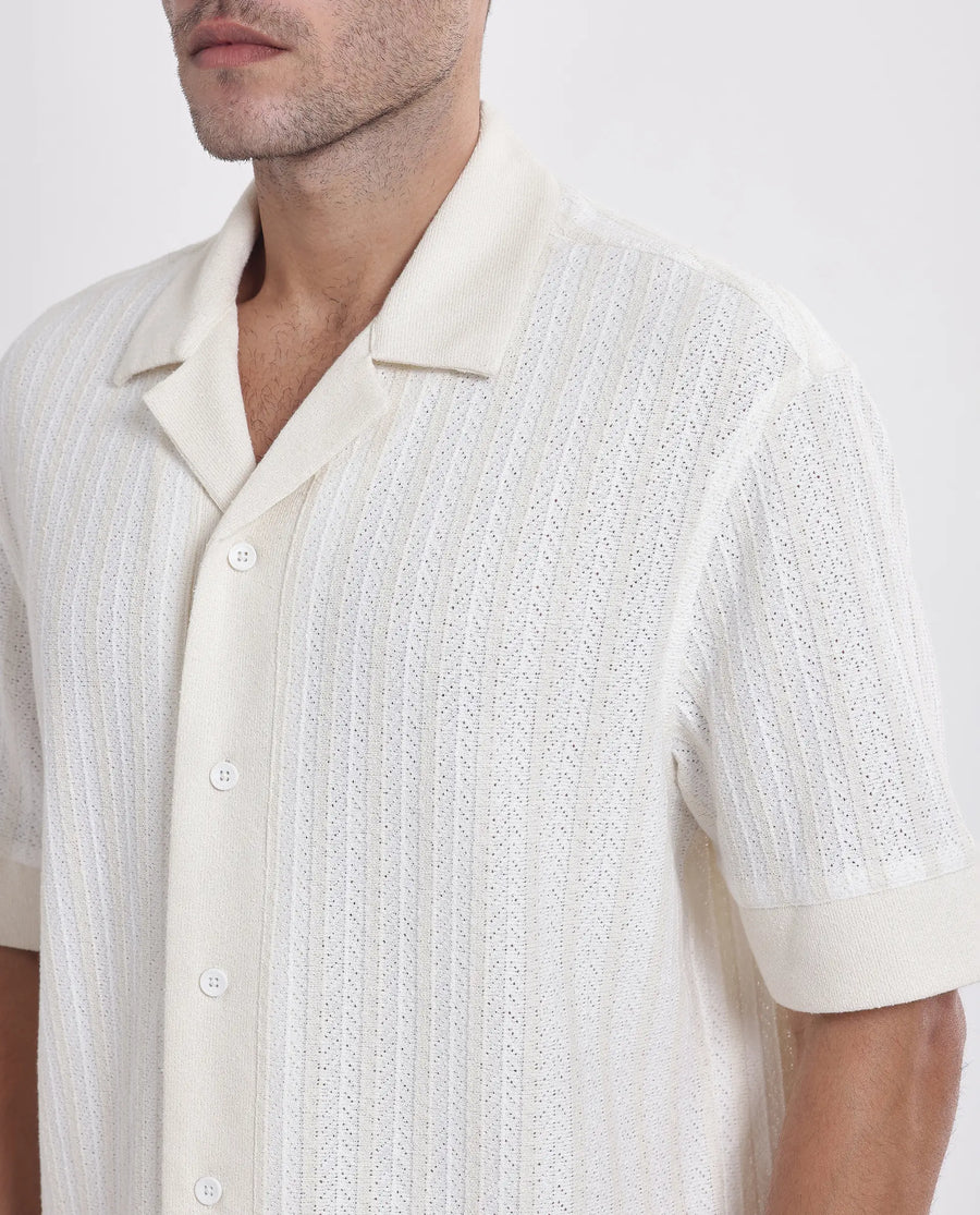 Rare Rabbit Men's Juno Off White Cotton Textured Boxy Fit Half Sleeve Cuban Collar Shirt
