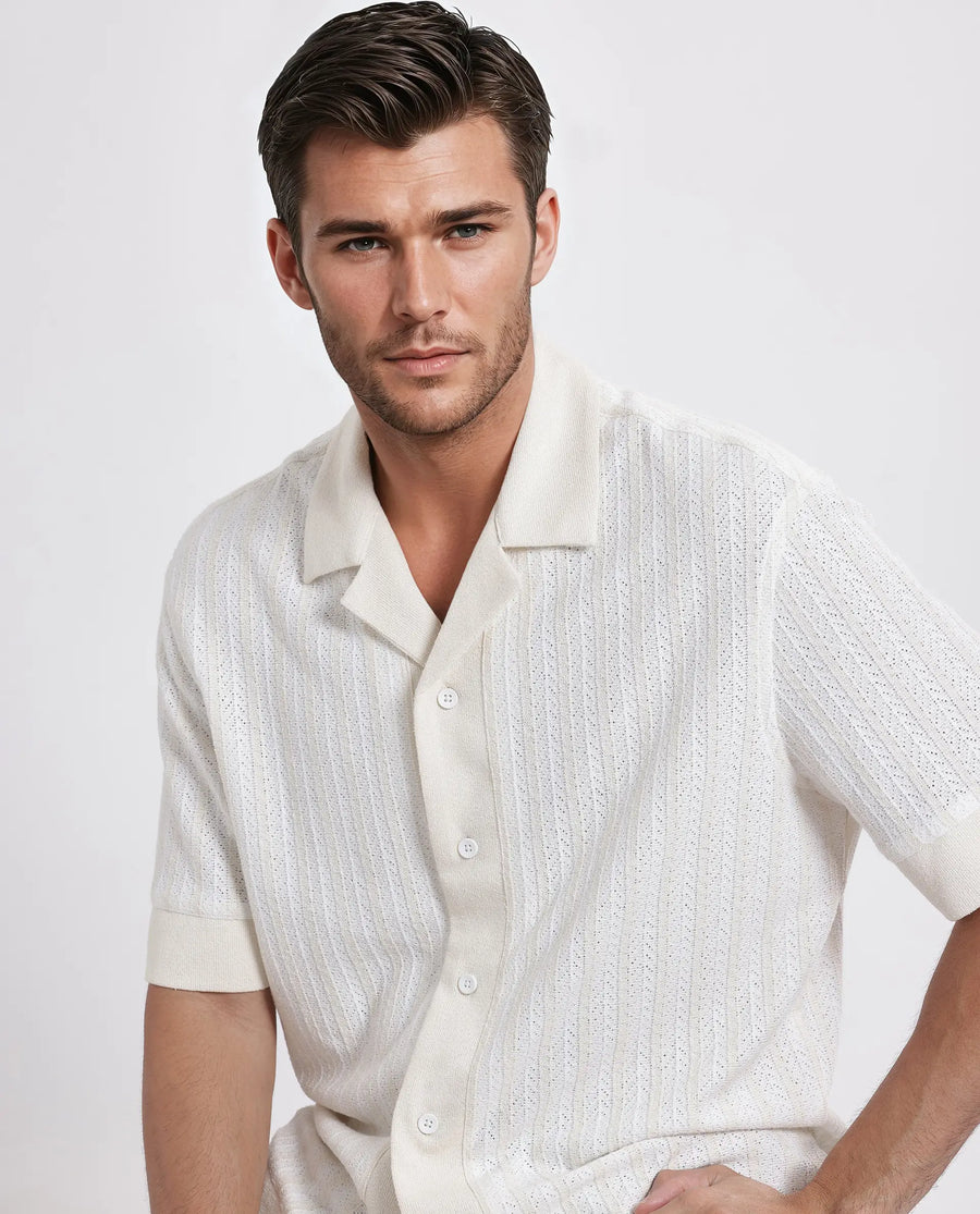 Rare Rabbit Men's Juno Off White Cotton Textured Boxy Fit Half Sleeve Cuban Collar Shirt