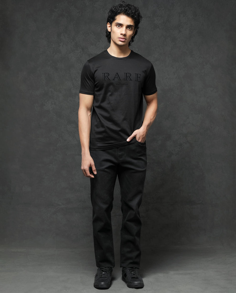 Rare Rabbit Men's Guild Casual Junot Black Cotton Graphic Print Regular Fit Half Sleeve Crew Neck T-Shirt