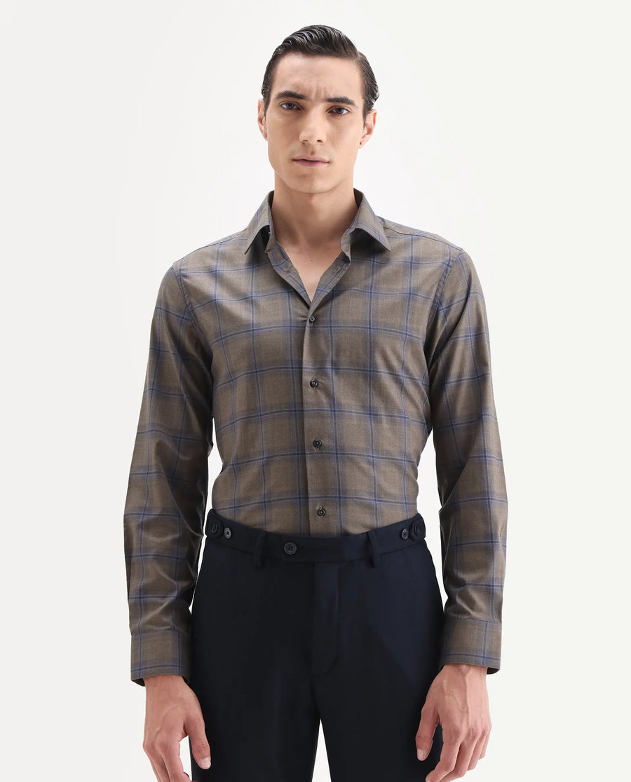Rare Rabbit Men's Juro Light Brown Cotton Fabric Spread Collar Regular Fit Checked Shirt