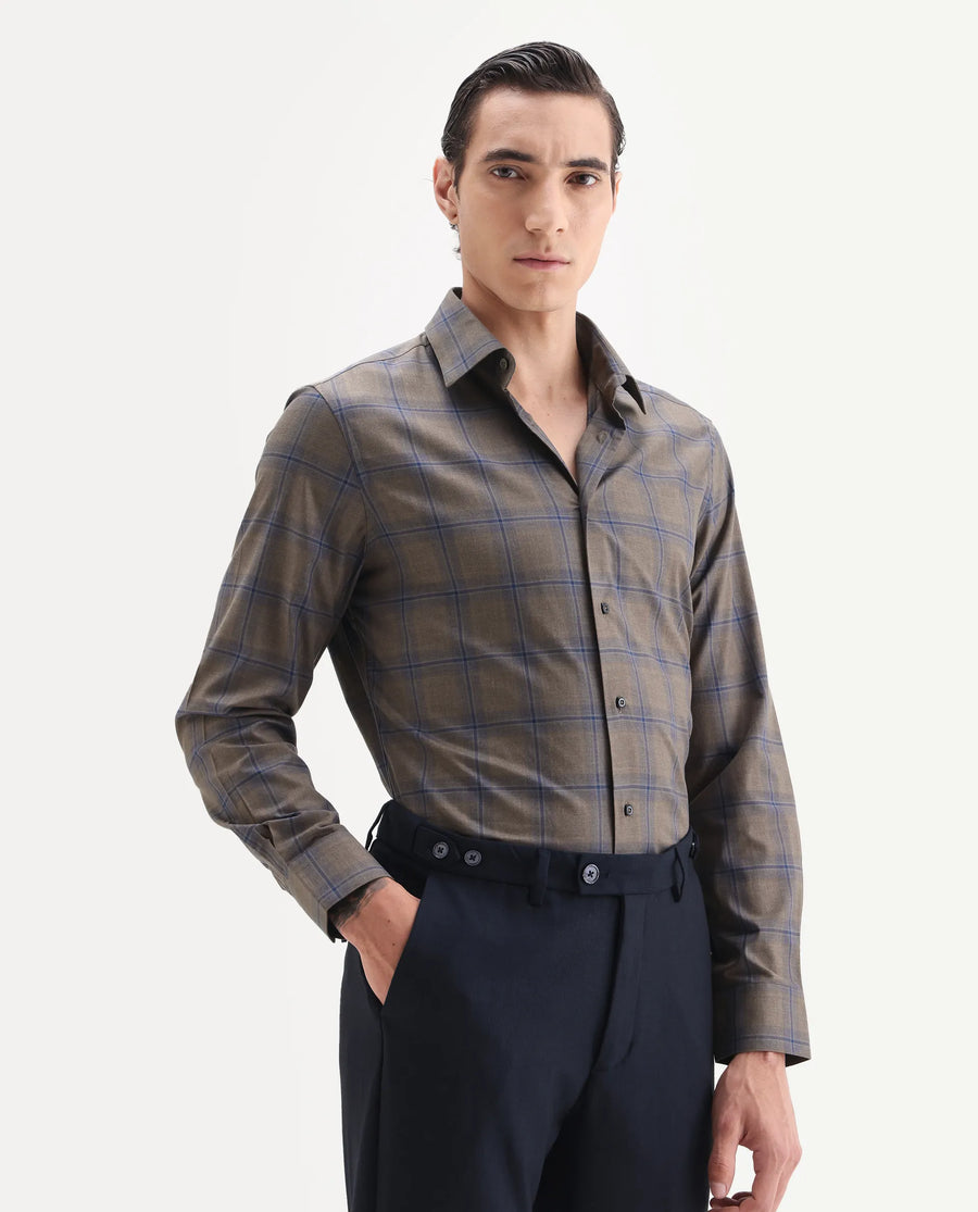 Rare Rabbit Men's Juro Light Brown Cotton Fabric Spread Collar Regular Fit Checked Shirt