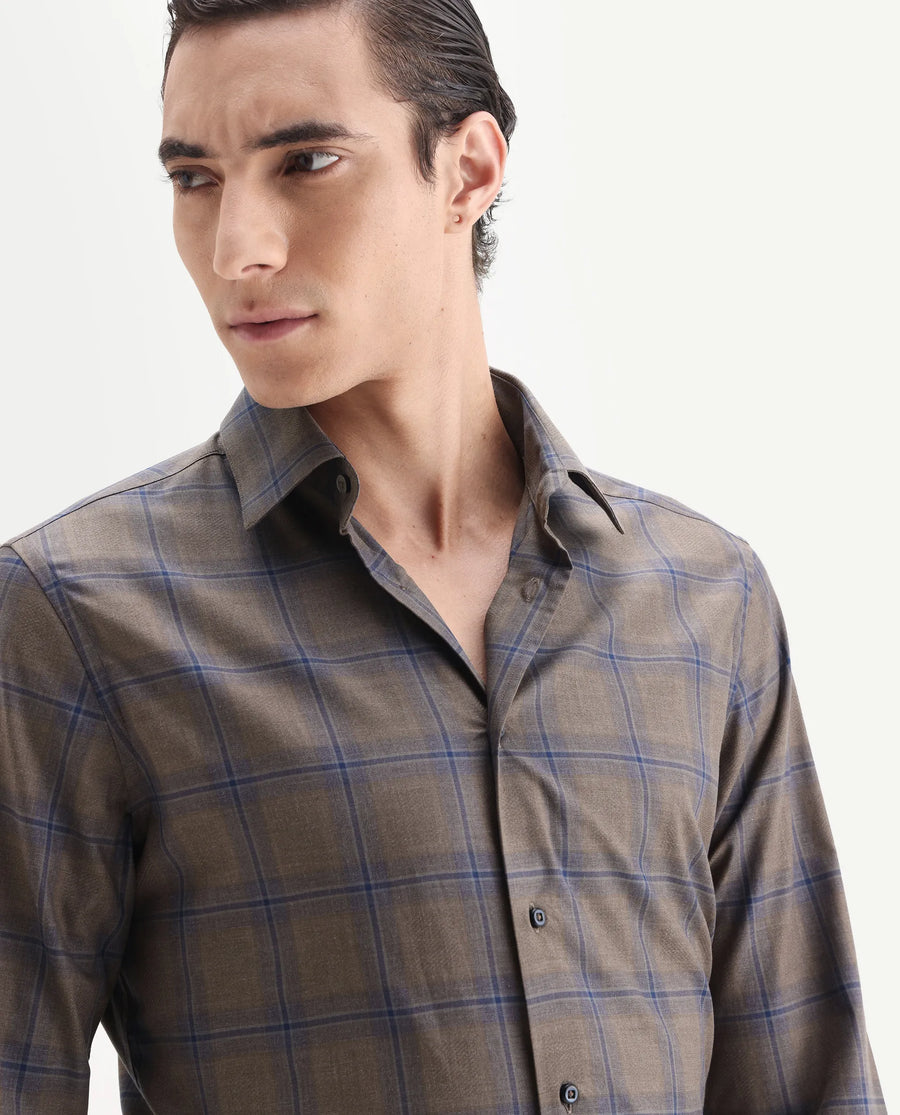 Rare Rabbit Men's Juro Light Brown Cotton Fabric Spread Collar Regular Fit Checked Shirt