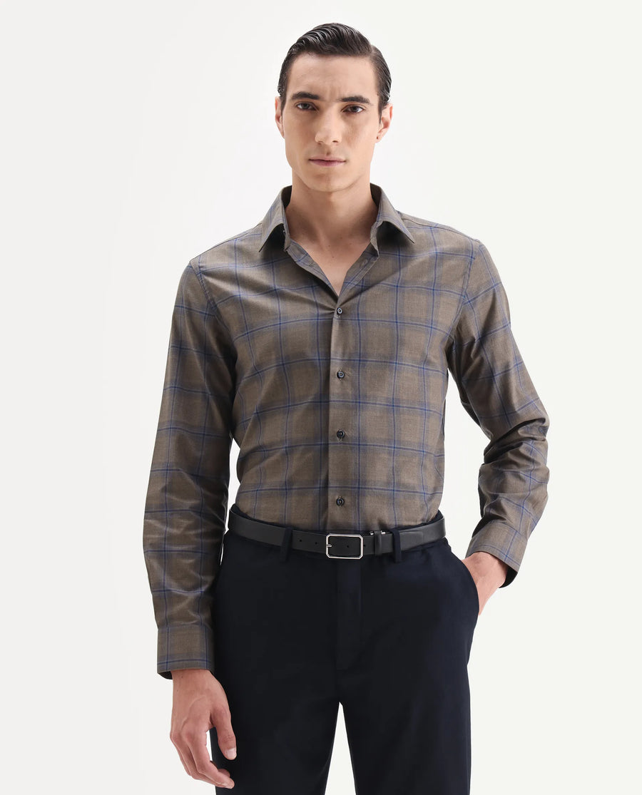 Rare Rabbit Men's Juro Light Brown Cotton Fabric Spread Collar Regular Fit Checked Shirt
