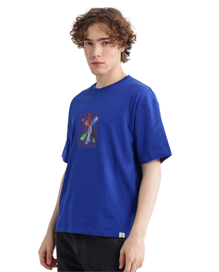 Rare Rabbit Men's Just Blue Cotton Graphic Print Boxy Fit Half Sleeve Crew Neck T-Shirt