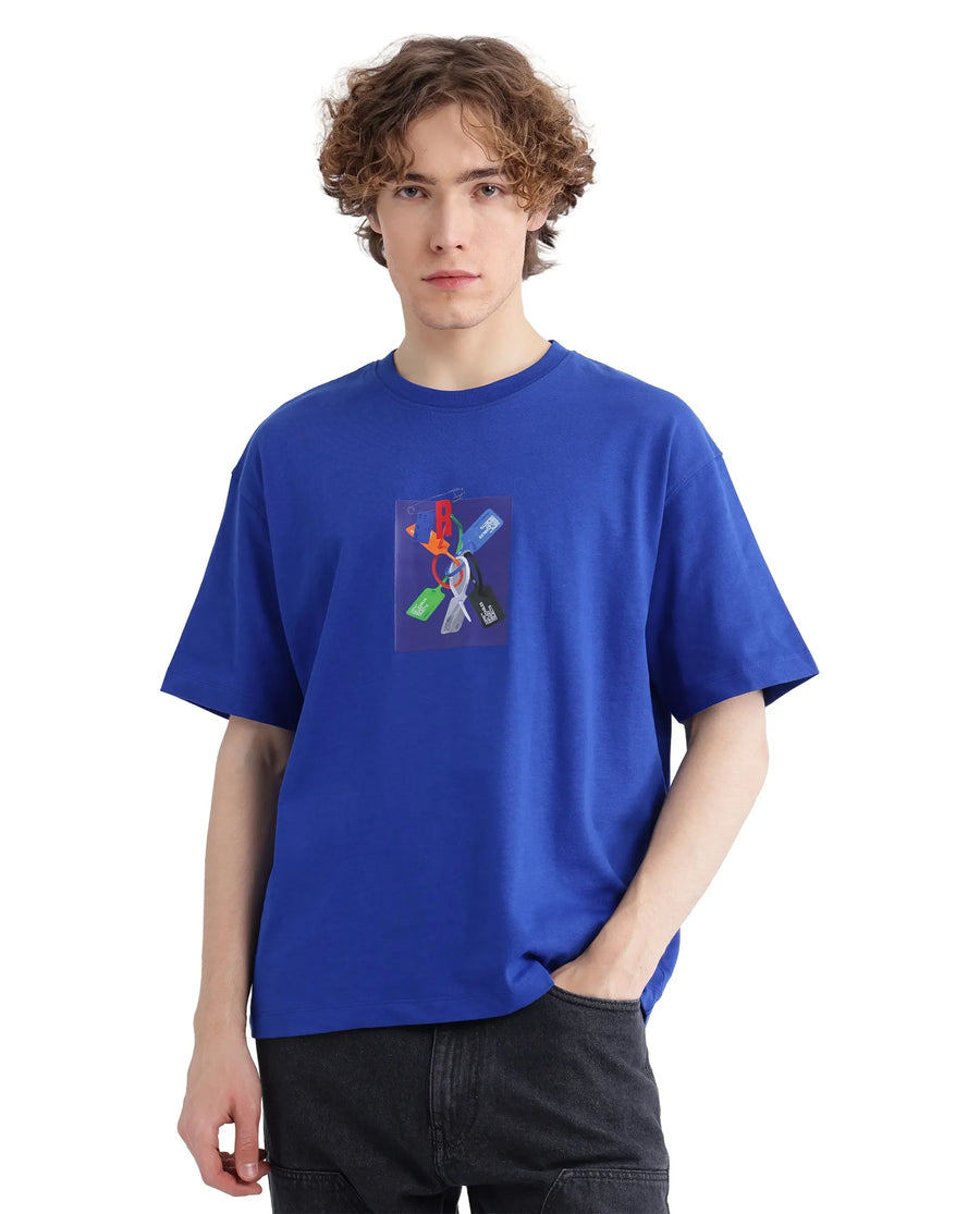 Rare Rabbit Men's Just Blue Cotton Graphic Print Boxy Fit Half Sleeve Crew Neck T-Shirt