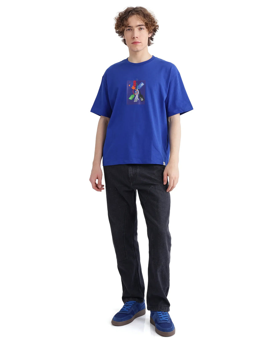 Rare Rabbit Men's Just Blue Cotton Graphic Print Boxy Fit Half Sleeve Crew Neck T-Shirt