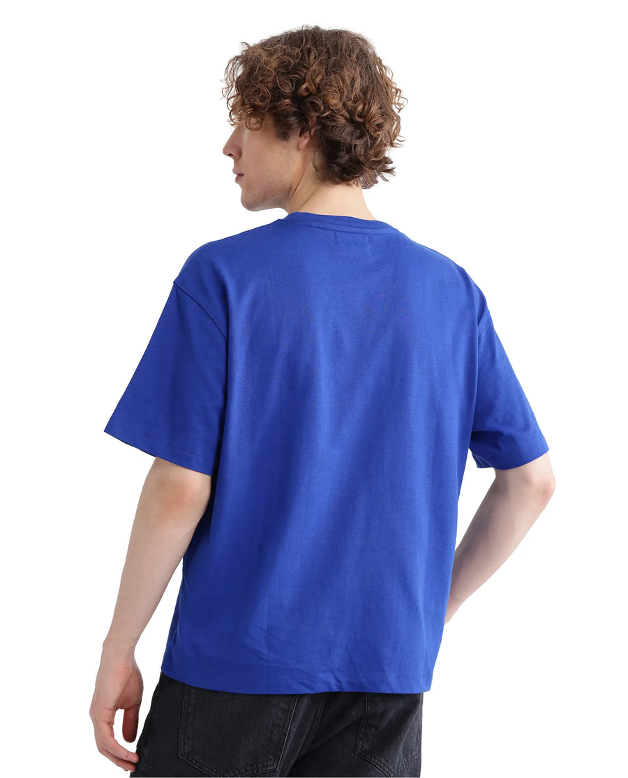 Rare Rabbit Men's Just Blue Cotton Graphic Print Boxy Fit Half Sleeve Crew Neck T-Shirt