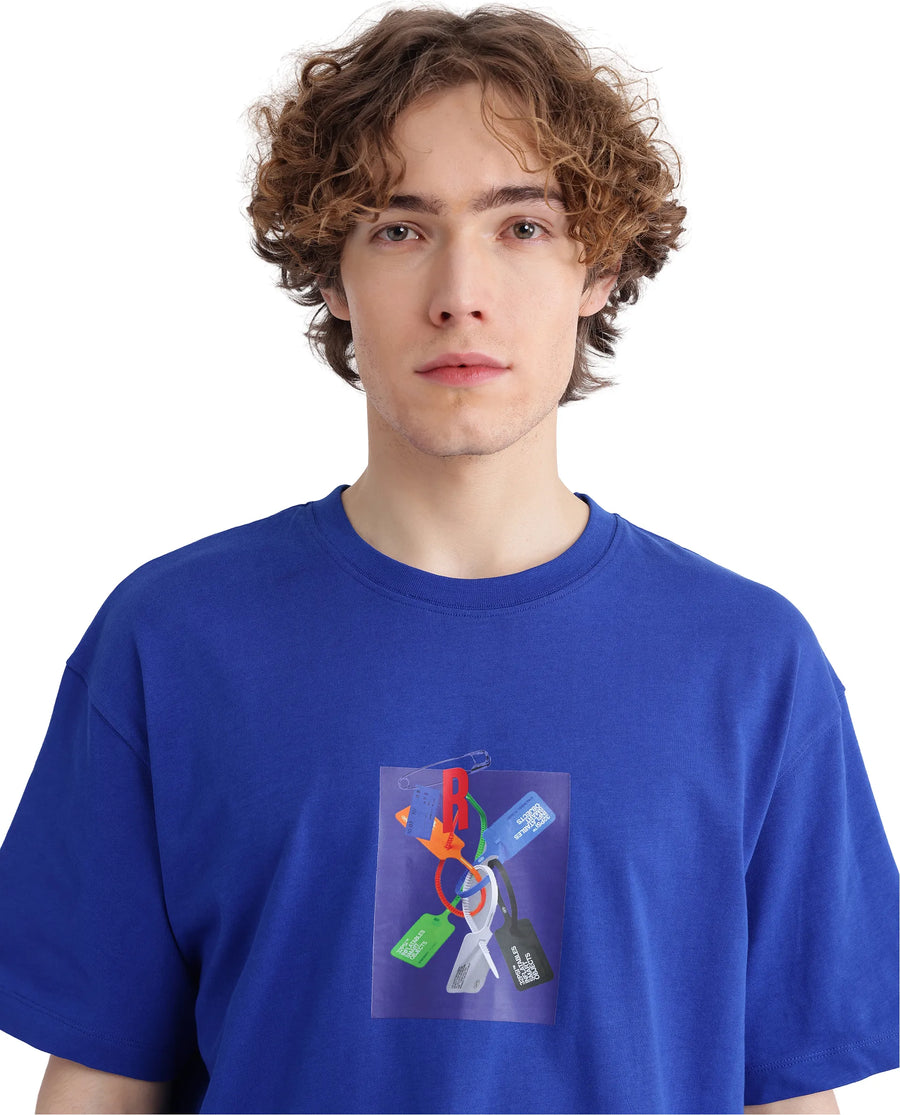 Rare Rabbit Men's Just Blue Cotton Graphic Print Boxy Fit Half Sleeve Crew Neck T-Shirt