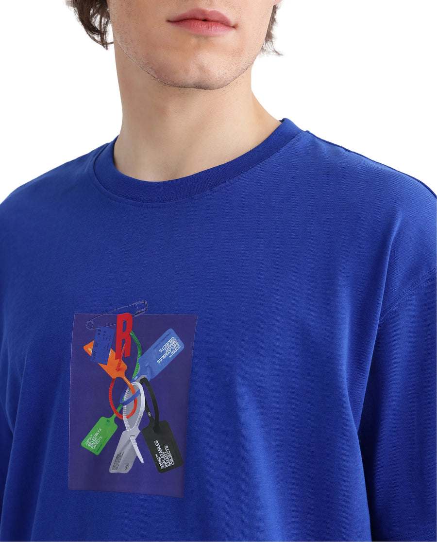 Rare Rabbit Men's Just Blue Cotton Graphic Print Boxy Fit Half Sleeve Crew Neck T-Shirt