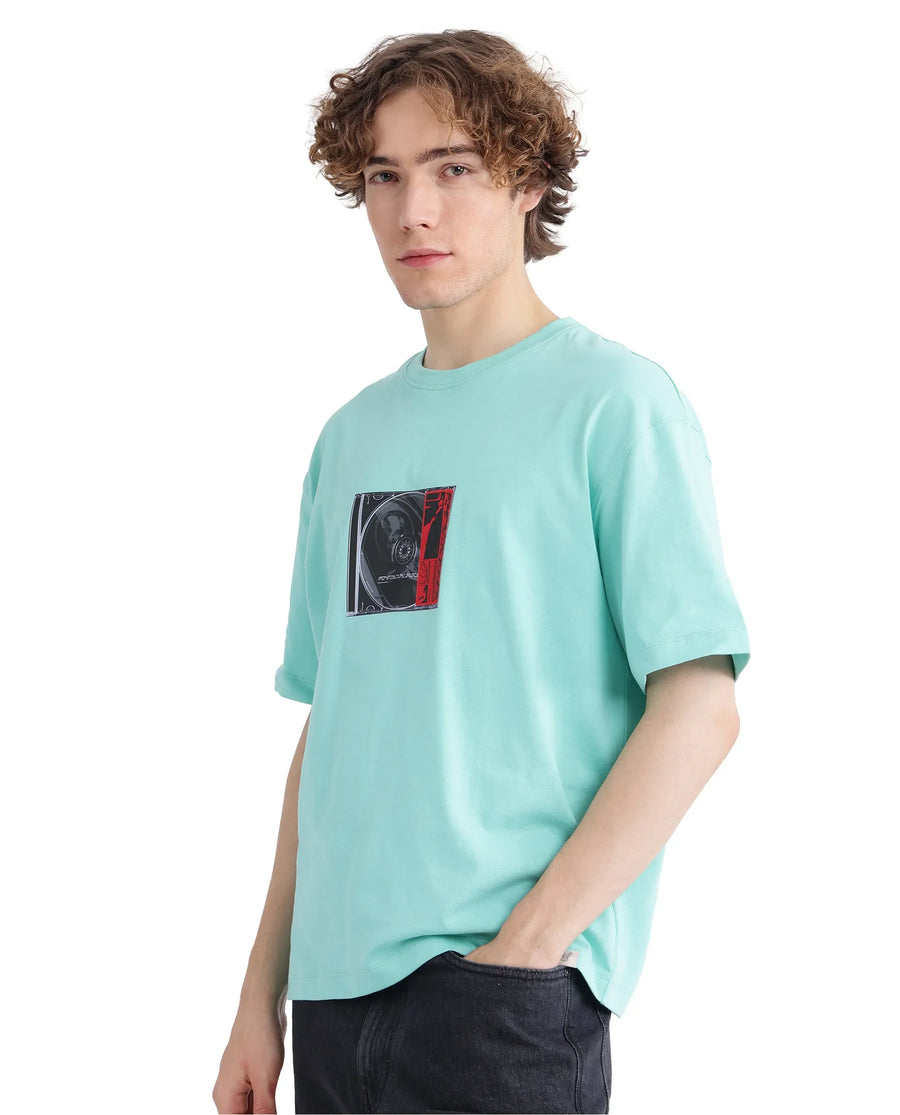 Rare Rabbit Men's Just Light Green Cotton Graphic Print Boxy Fit Half Sleeve Crew Neck T-Shirt