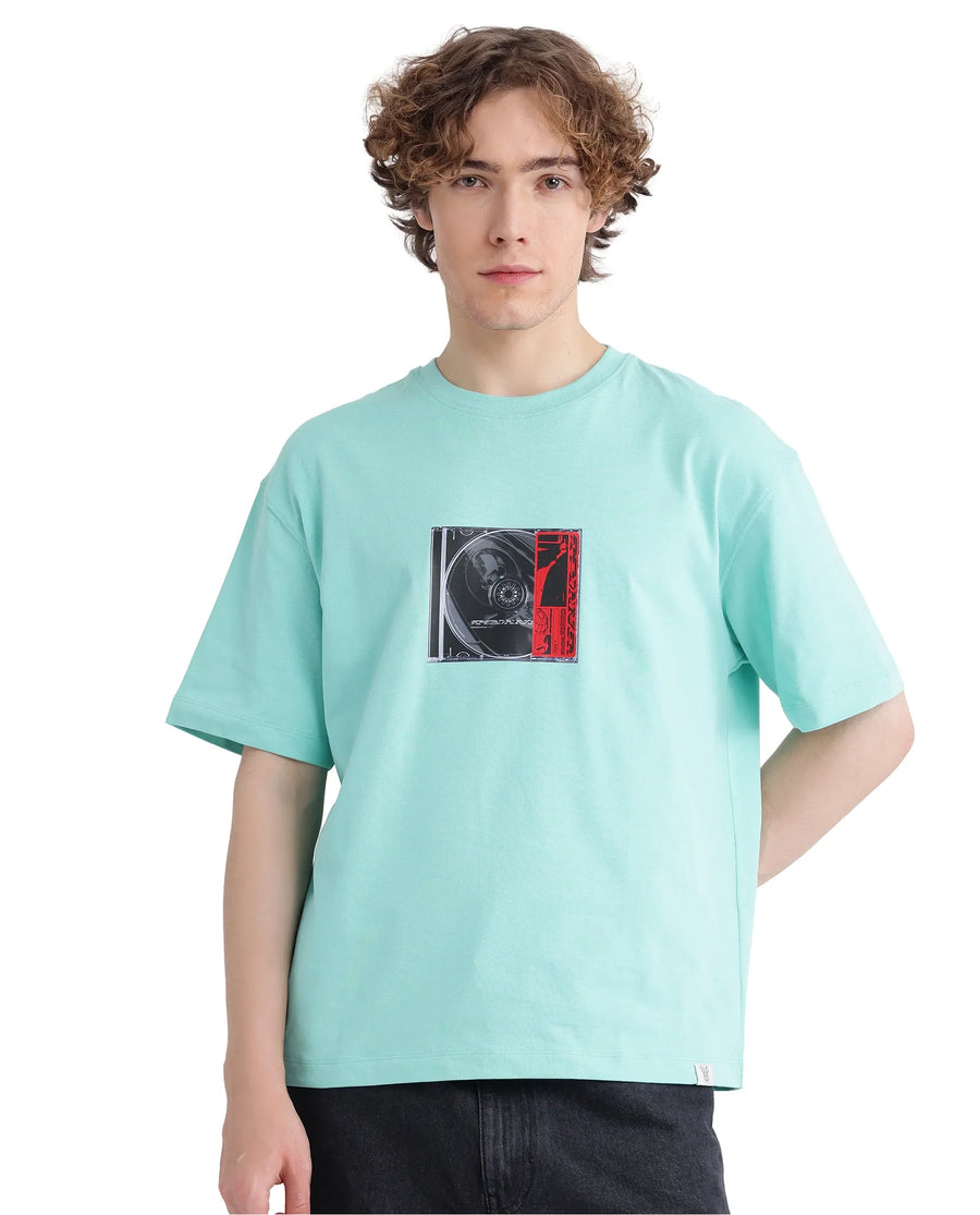 Rare Rabbit Men's Just Light Green Cotton Graphic Print Boxy Fit Half Sleeve Crew Neck T-Shirt