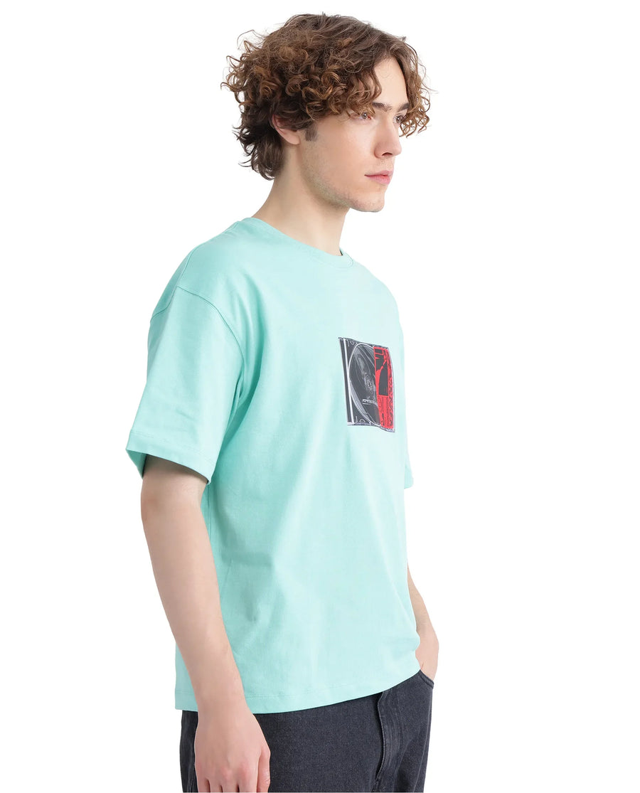 Rare Rabbit Men's Just Light Green Cotton Graphic Print Boxy Fit Half Sleeve Crew Neck T-Shirt