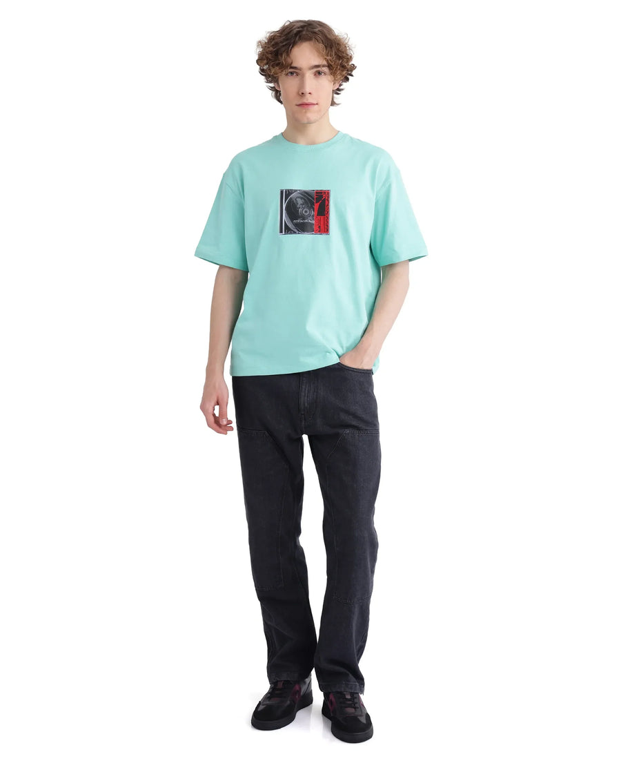 Rare Rabbit Men's Just Light Green Cotton Graphic Print Boxy Fit Half Sleeve Crew Neck T-Shirt