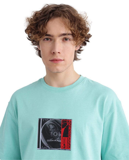 Rare Rabbit Men's Just Light Green Cotton Graphic Print Boxy Fit Half Sleeve Crew Neck T-Shirt