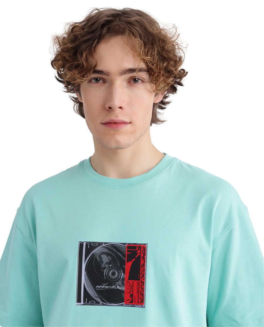 Rare Rabbit Men's Just Light Green Cotton Graphic Print Boxy Fit Half Sleeve Crew Neck T-Shirt