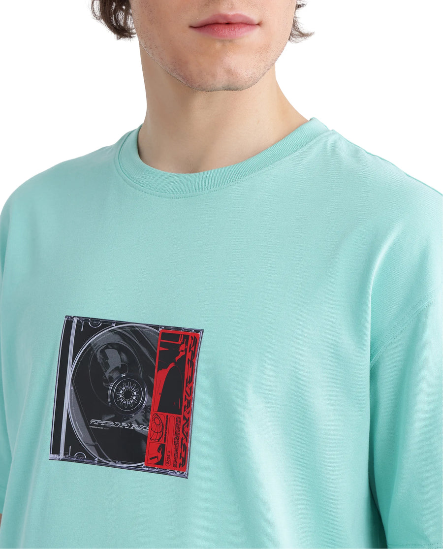 Rare Rabbit Men's Just Light Green Cotton Graphic Print Boxy Fit Half Sleeve Crew Neck T-Shirt