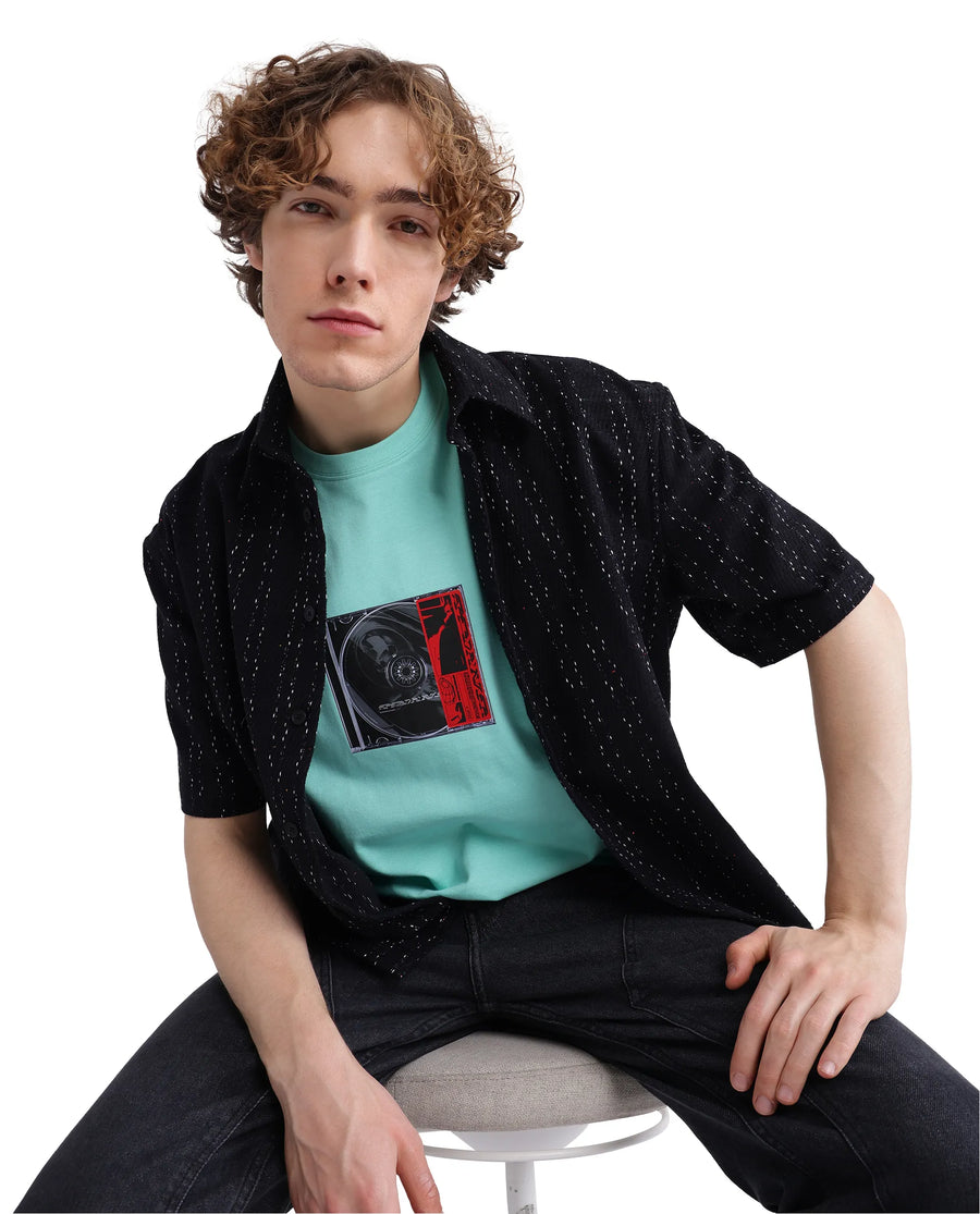 Rare Rabbit Men's Just Light Green Cotton Graphic Print Boxy Fit Half Sleeve Crew Neck T-Shirt