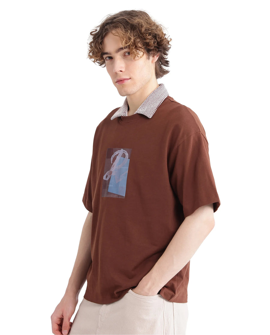 Rare Rabbit Men's Justin Brown Cotton Graphic Print Oversized Fit Half Sleeve Crew Neck T-Shirt