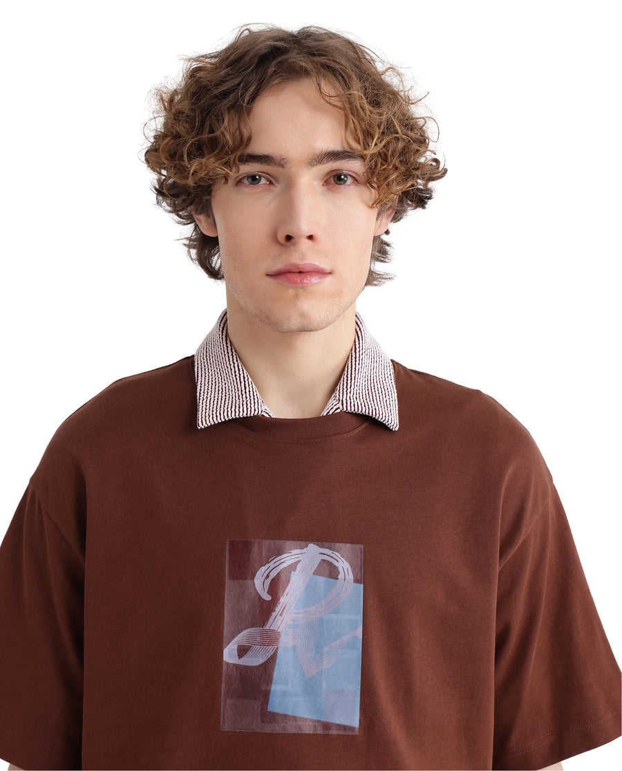 Rare Rabbit Men's Justin Brown Cotton Graphic Print Oversized Fit Half Sleeve Crew Neck T-Shirt