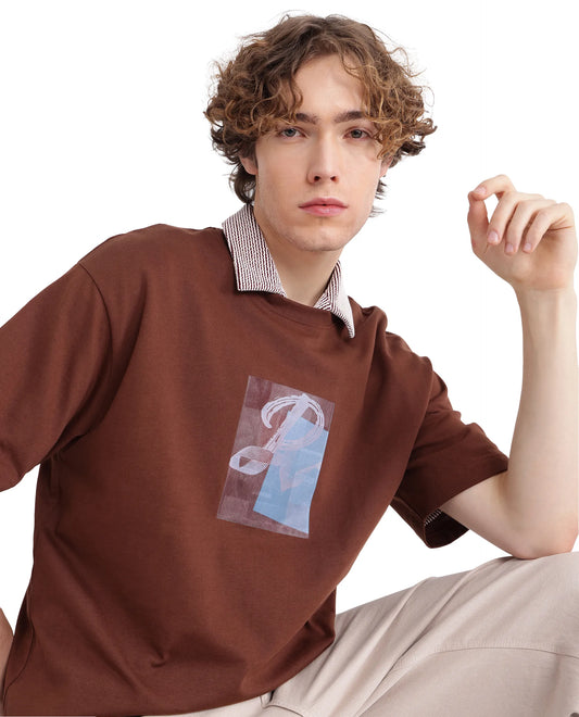 Rare Rabbit Men's Justin Brown Cotton Graphic Print Oversized Fit Half Sleeve Crew Neck T-Shirt