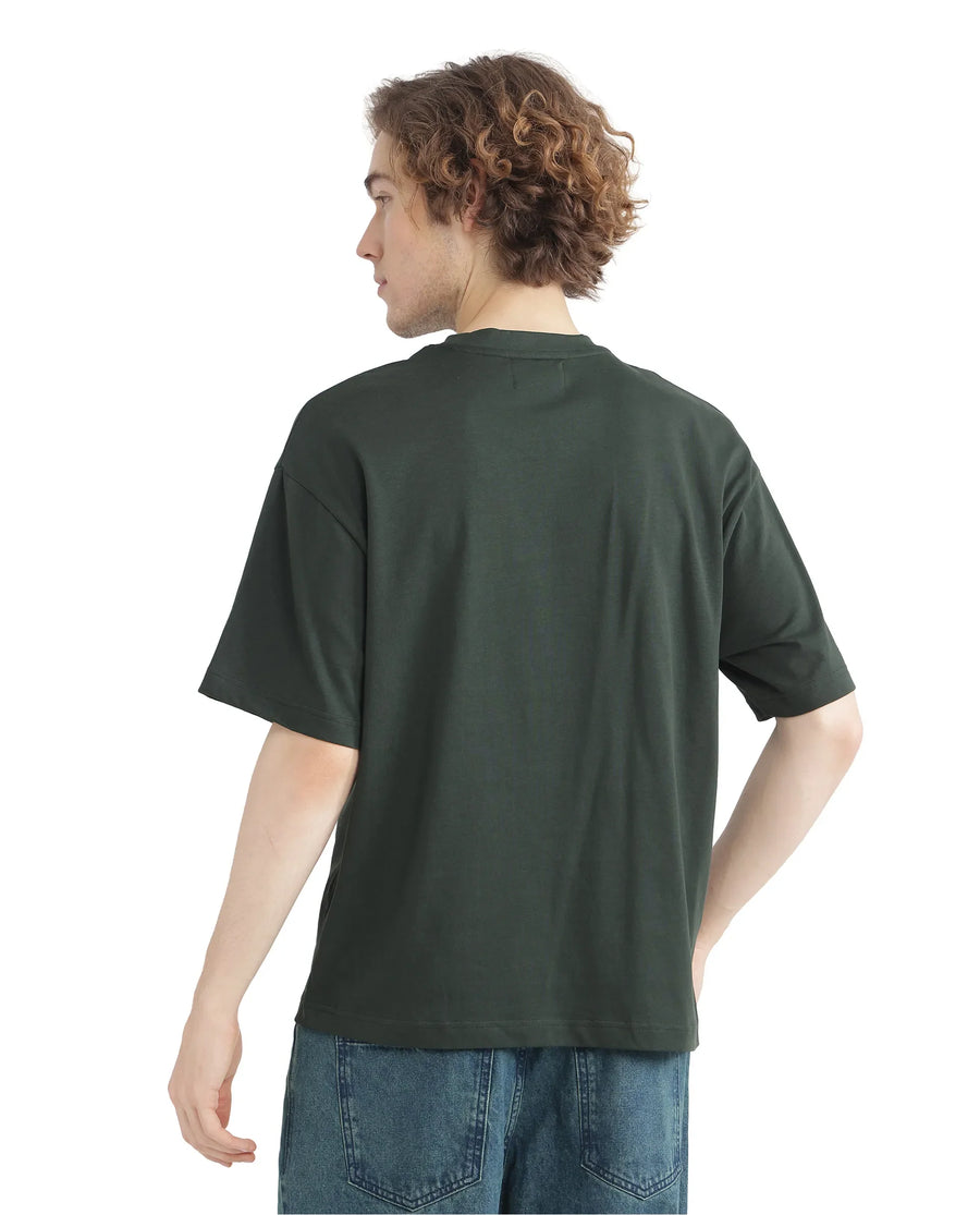 Rare Rabbit Men's Justin Dark Olive Cotton Graphic Print Boxy Fit Half Sleeve Crew Neck T-Shirt