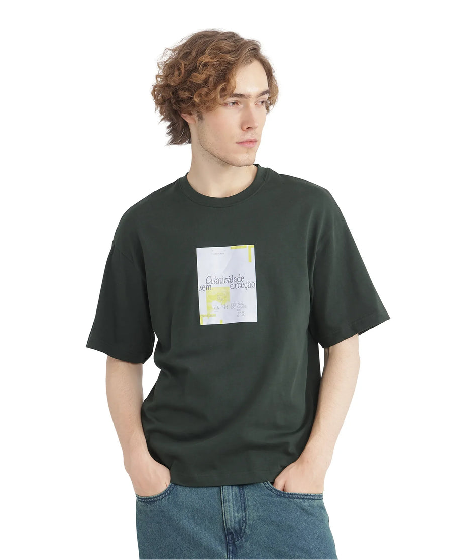 Rare Rabbit Men's Justin Dark Olive Cotton Graphic Print Boxy Fit Half Sleeve Crew Neck T-Shirt
