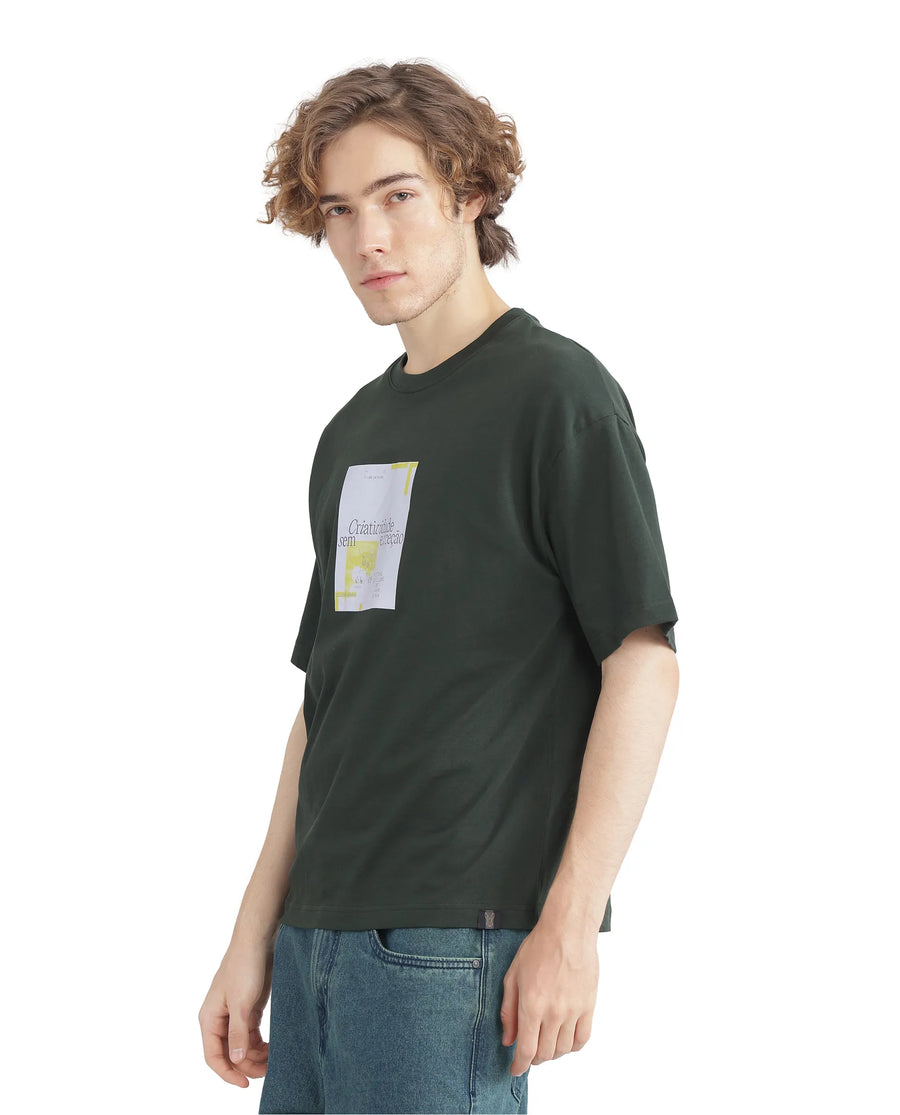 Rare Rabbit Men's Justin Dark Olive Cotton Graphic Print Boxy Fit Half Sleeve Crew Neck T-Shirt