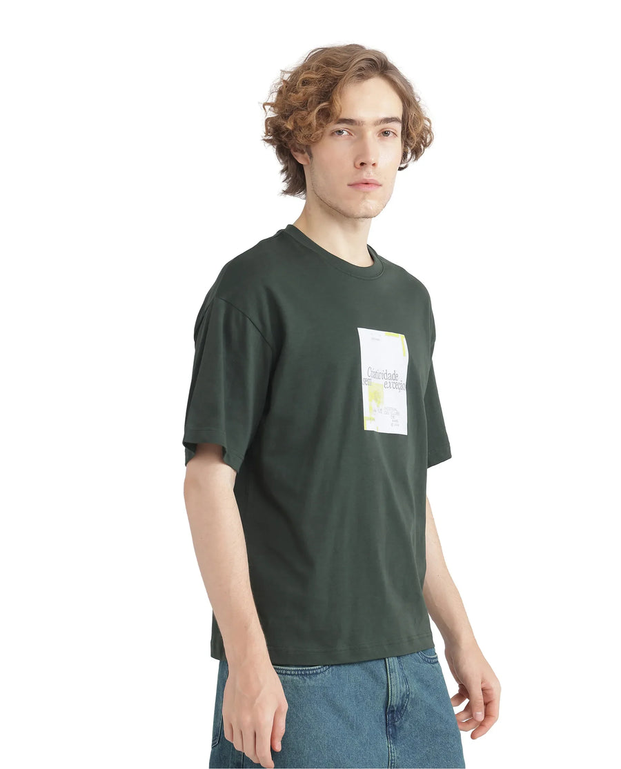 Rare Rabbit Men's Justin Dark Olive Cotton Graphic Print Boxy Fit Half Sleeve Crew Neck T-Shirt